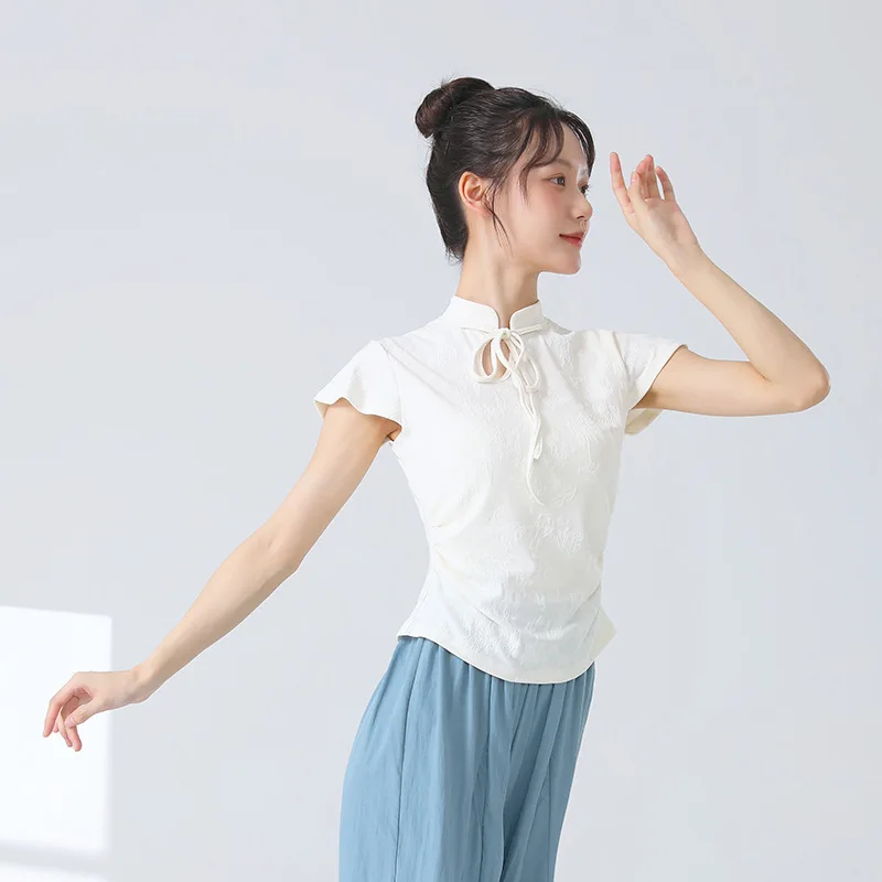 Nuovi abiti per la pratica della danza classica cinese, piccole maniche volanti da donna, maniche corte a fiori intrecciati, vestibilità slim quotidiana