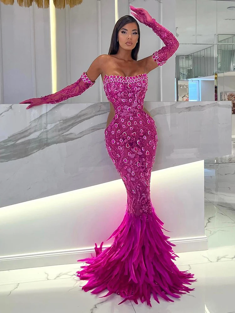 PB New Hot Pink Strapless Long Dress Feathers Mermaid Floor Length Beaded Luxury Crystals Design Prom Party Gown with Gloves