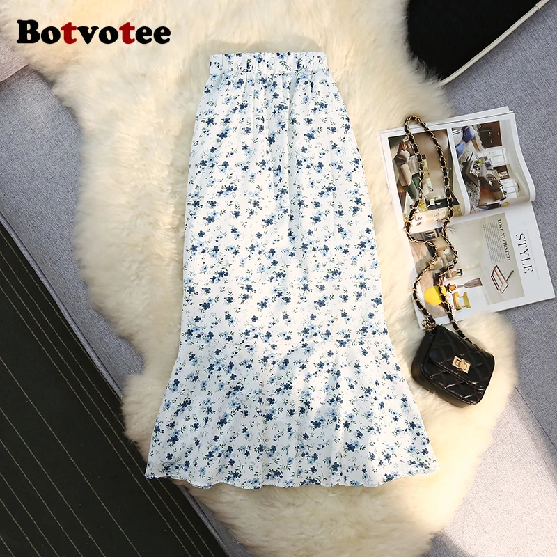 Botvotee ทรัมเป็ตชีฟองดอกไม้พิมพ์กระโปรงผู้หญิงเอวสูง Elegant ด้านข้างแยก Ruffles กระโปรงยาวสํานักงาน Midi Skort