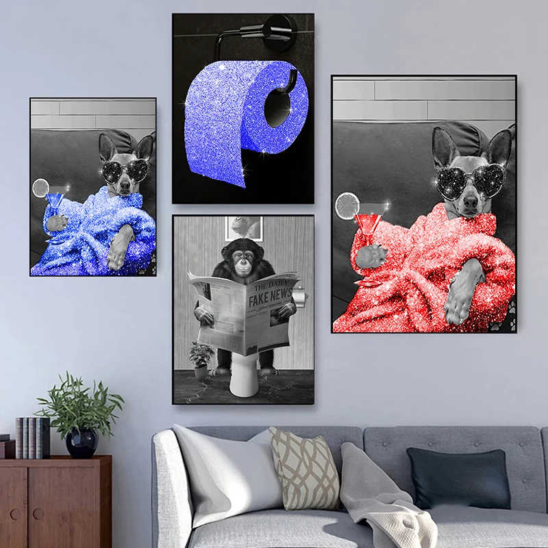 Fashion Wall Art Tissue Canvas Posters Prints Blue Bathroom Pictures Artwork Black and White Modern Women Funny Bathroom Decor