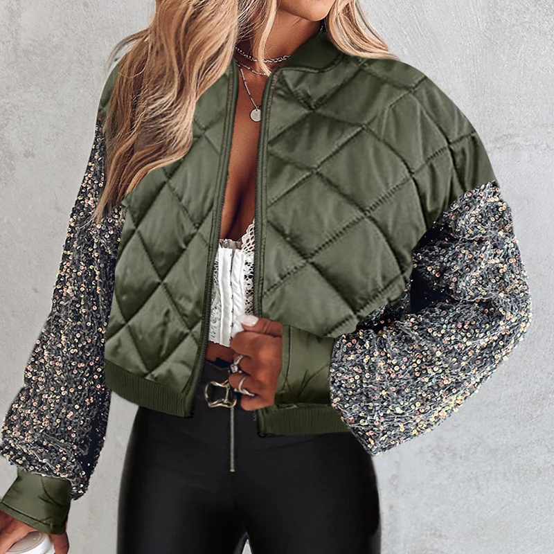 

2yk Girls Sequins Stitching Baseball Jackets Fashion Winter Slim Check Cotton Coat Autumn 2023 Lantern Sleeve Women Outwear New