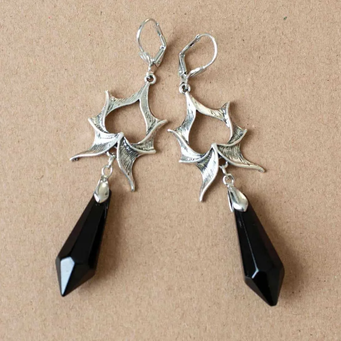 Vampire Crystal Bat earrings,Gothic jewelry,witchcraft accessories,pagan,mysterious,silver bat, alternative,ear hooks For Women