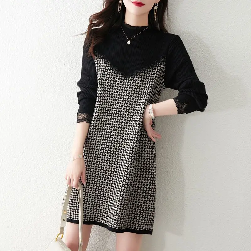 

Elegant Lace Spliced Knitted Midi Dress Casual Half High Collar Autumn Winter Fake Two Pieces Female Korean Plaid A-Line Dresses