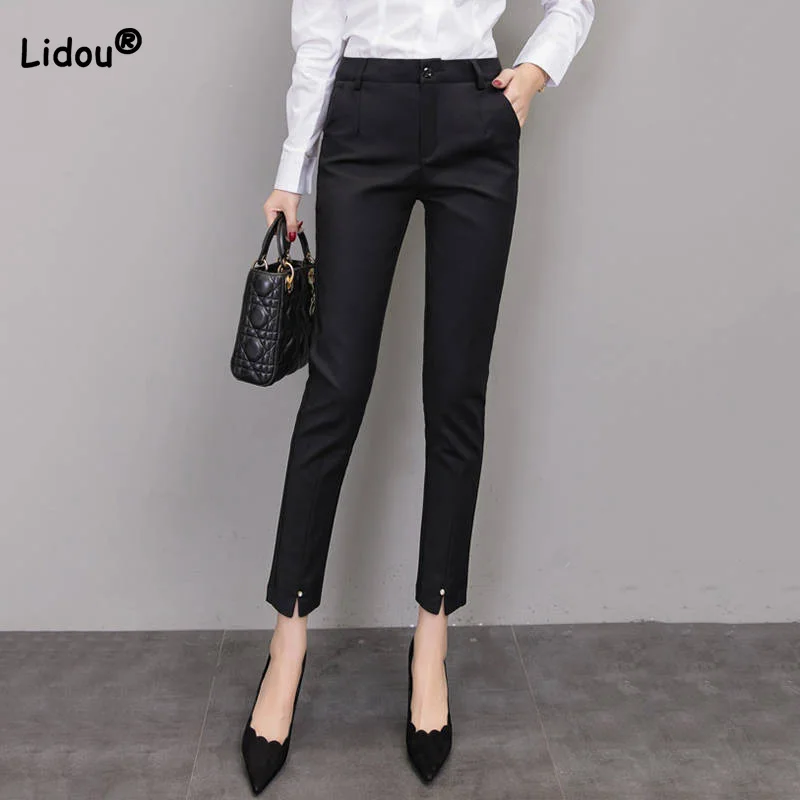 New Nine-point Women\'s Trousers Spring Office Lady Pockets Straight High Waist Rivet Split Black Small Feet Casual Suit Pants