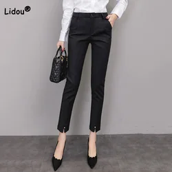 New Nine-point Women's Trousers Spring Office Lady Pockets Straight High Waist Rivet Split Black Small Feet Casual Suit Pants