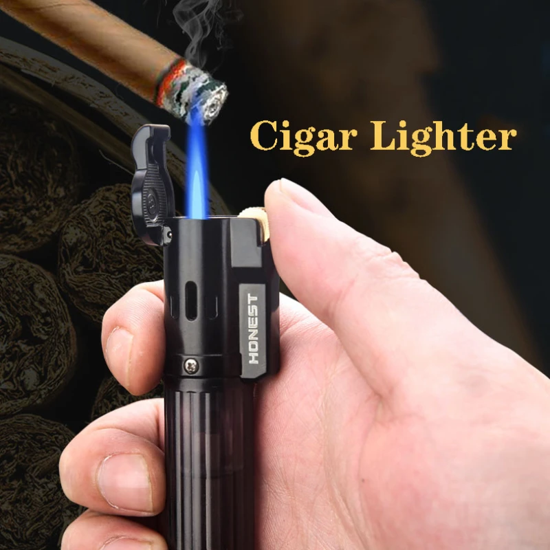 Honest Butane Gas Cigar Lighter Transparent Visible FuelTank Fire LOCK Set Windproof Blue Jet Flame Grinding Wheel Outside Tool