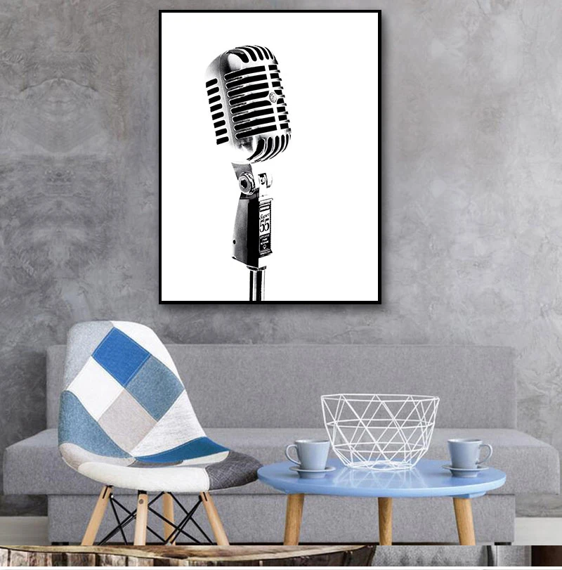 Black White Microphone Photo Poster Music Wall Art Canvas Print Vintage Painting Picture Jazz Music Lover Gift Bedroom Decor