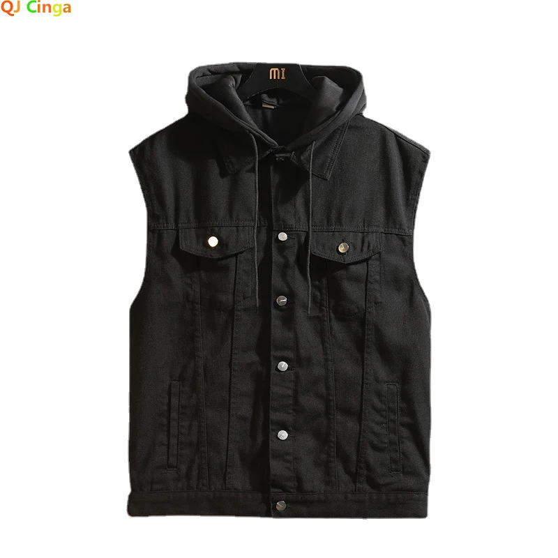 2024 Men's Spring/Summer Autumn Denim Vest Jacket Teenagers Black Leisure Hooded Vests Coat Plus Size Waistcoat M-5XL