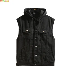 2026 Men's Spring/Summer Autumn Denim Vest Jacket Teenagers Black Leisure Hooded Vests Coat Plus Size Waistcoat M-5XL