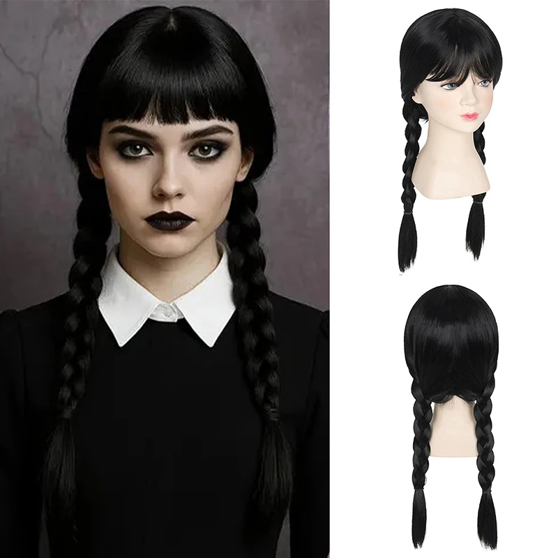 

Персонаж фильма «Среда», милая девушка, потому что черный двойной парик из жареного теста, коса, воздушная челка, парик из синтетического волокна