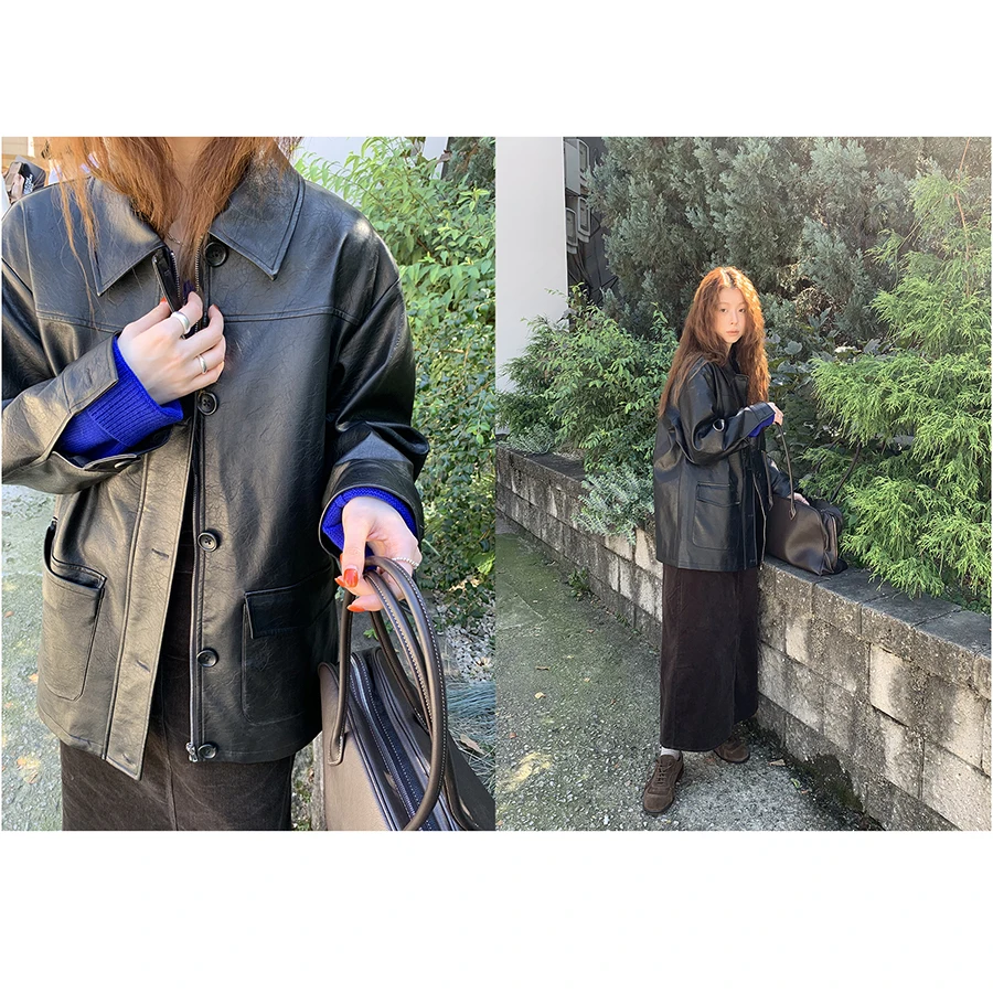 レトロレザージャケットコート ロング丈 ゆったり レディース おしゃれ ターンダウンカラー 秋冬 ハローエット レディースアウター