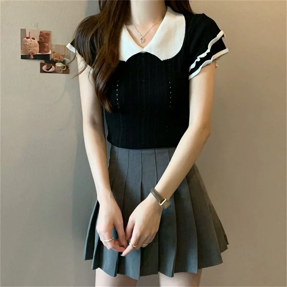 

Pink Sweet Patchwork Sweater Peter Pan Collar Short Sleeve Knitted Sweater For Women's Summer New Casual Pullover Tops Tshirts