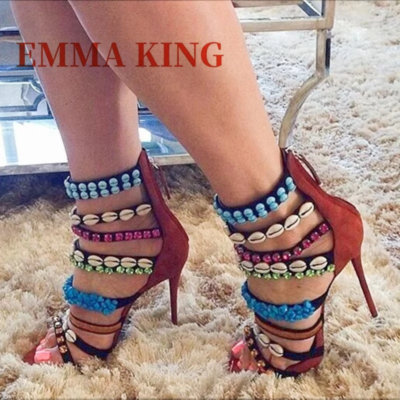 

Сандалии на шпильке с декором в виде ракушек и кристаллов, летние женские сандалии-гладиаторы из искусственной замши, модные вечерние модельные туфли со стразами 44