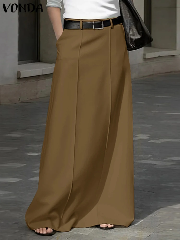 2024 VONDA Elegant Women Long Skirts Fashion Vintage Maxi Skirt Pleated Casual Loose Pockets High Waist Solid Color Bottom Femme