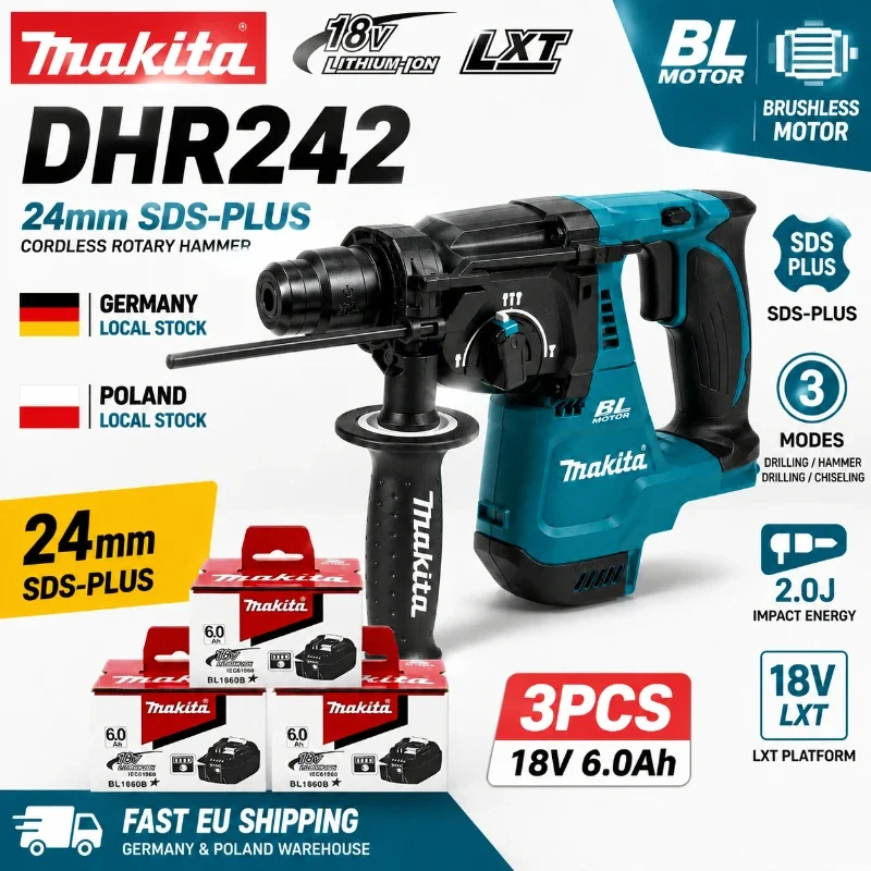 Original Makita DHR242 18V Bürstenloser Bohrhammer mit Makita 6,0Ah Akku, 24mm SDS-Plus, 3 Modi, 2,0J Schlagkraft, Professionelles Beton-Elektrowerkzeug, EU-Lager – Detail 1