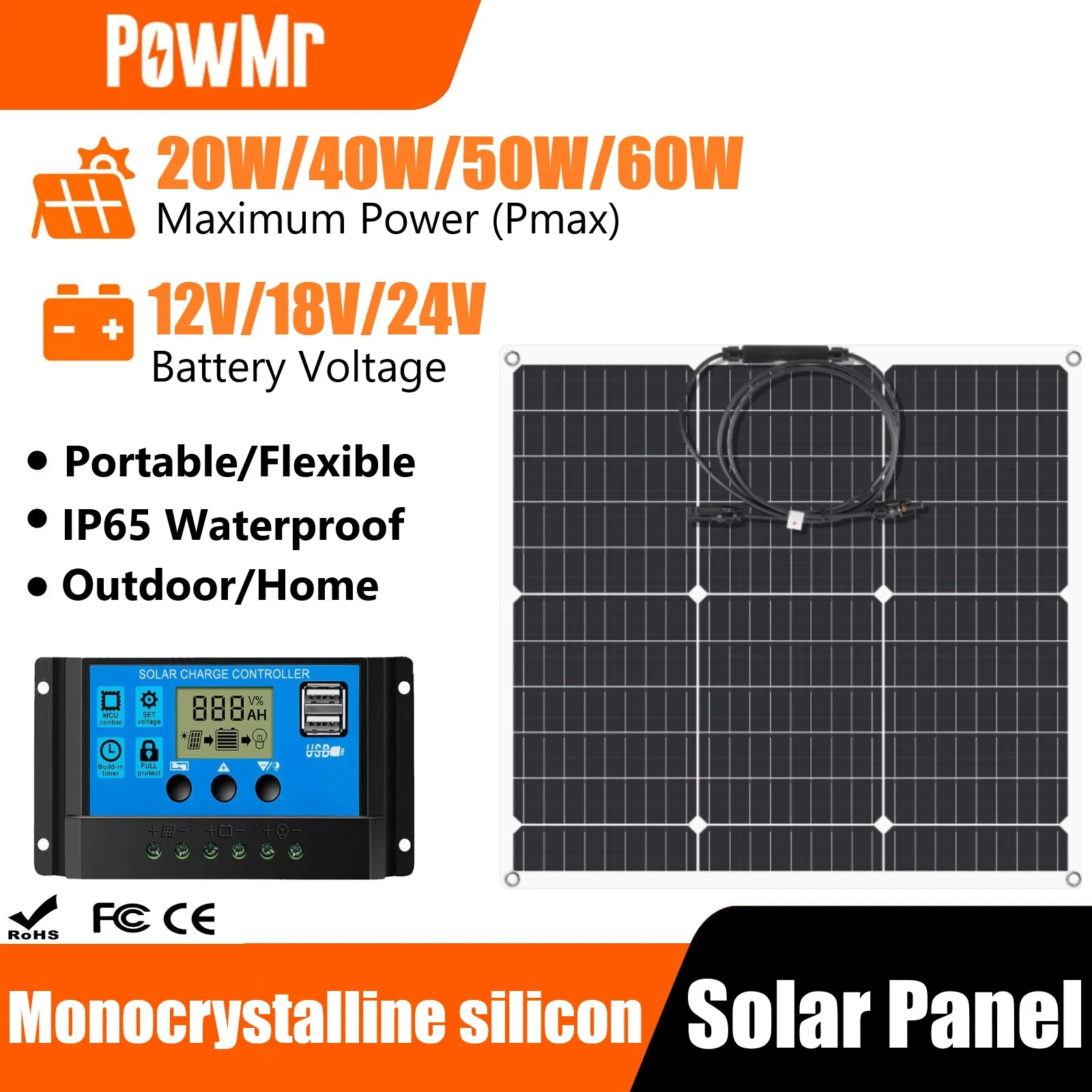 

Flowatt Porable Solar Panels 20W 40W 50W 60W Flexible Solar Battery 18V Photovoltaic System Power Supply with 30A Controller Kit