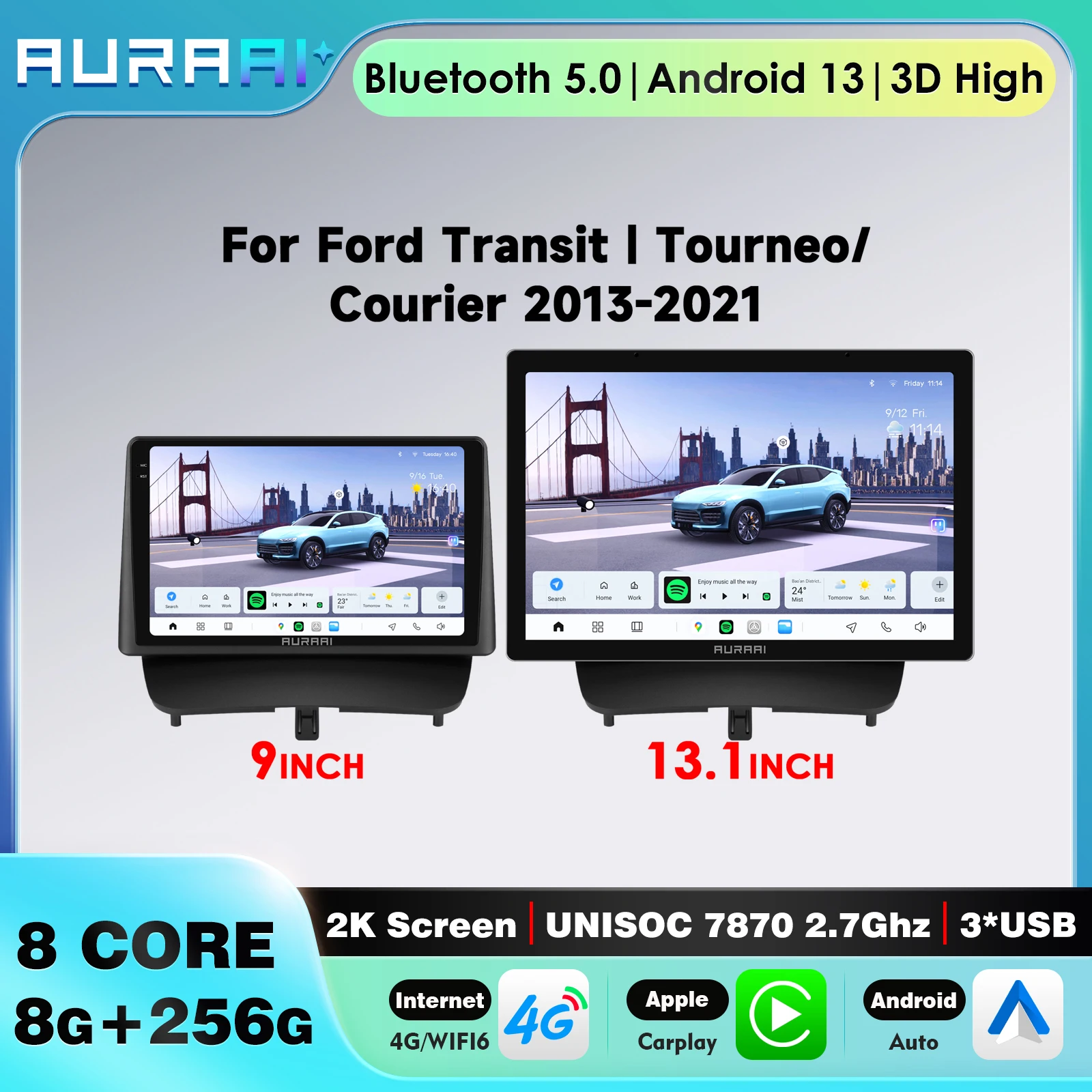 8G+256G Android 13 4G Car Radio 2din  Wireless Carplay GPS for Ford Transit Tourneo Courier 2013-2021 Android Auto 360cam SWC BT