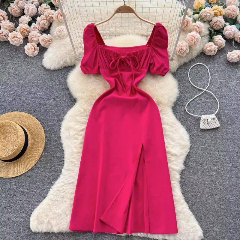 

Retro Solid Pleated Elegant Lace Up Backless Dress Short Sleeve Casual Square Neck High Waist Split Dress Women Summer