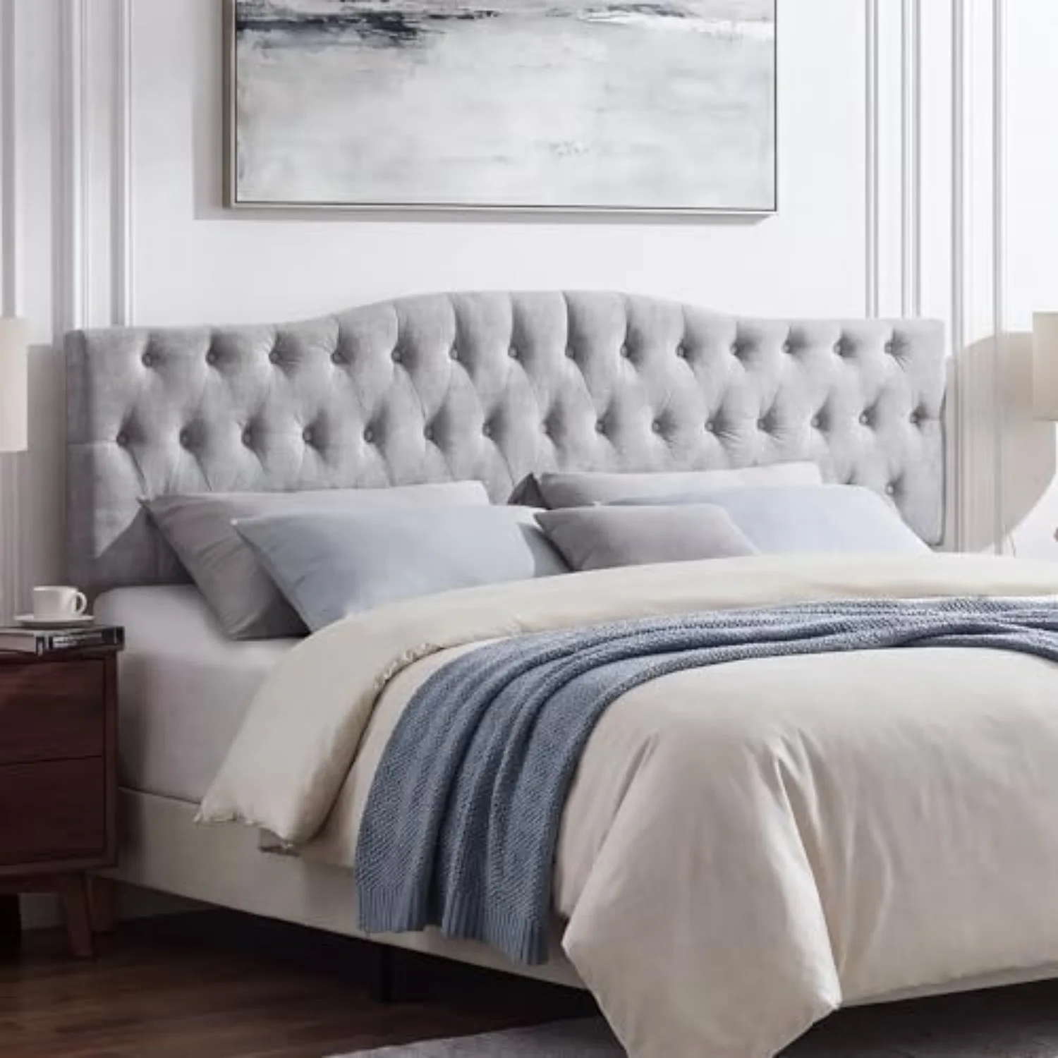 Upholstered Full Headboard, Button Diamond Tufted Headboards with Adjustable Height and Solid Wood Leg, Linen Fabric