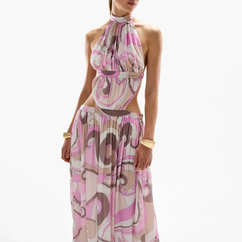 Letnia Długa Sukienka Jednoczęściowa Wzorzysta Suknia Halter Eleganckie Sukienki na Imprezę 2025 Sexy Bez Pleców Łączona Ażurowa Plisowana Sukienka Boho