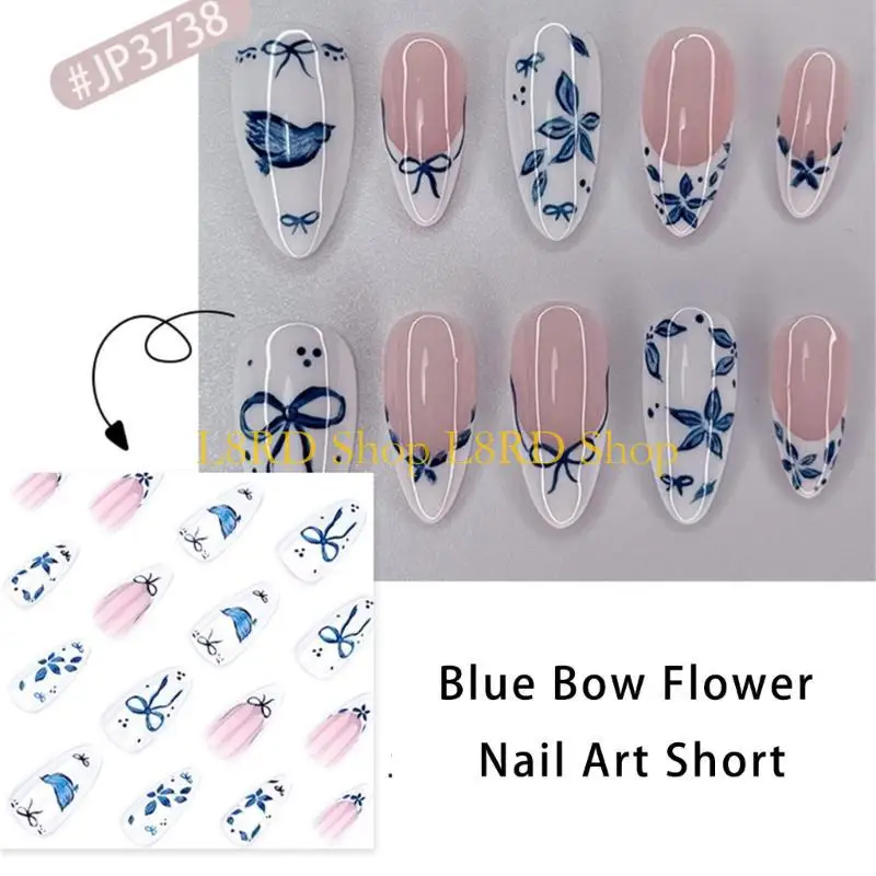 l8rd 24x 푸른 꽃 스틱 손톱 짧은 아몬드 거짓 손톱 프렌치 팁 프레스 네일