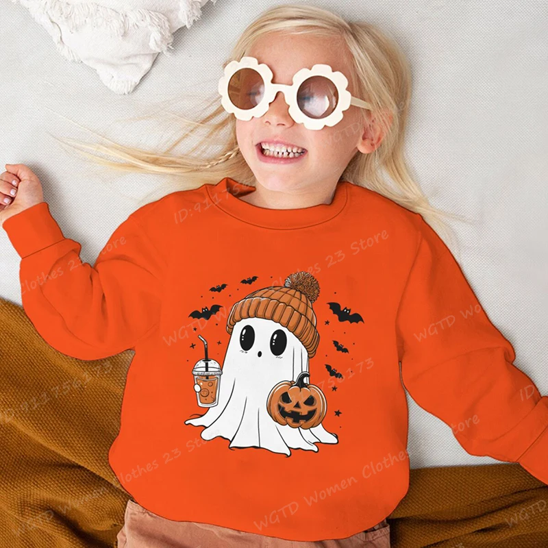 

Halloween Cute Ghost Pumpkins Graphic Long Sleeve Shirts For Boys Girls Casual Round Neck Halloween Shirt Gifts Kids Sweatshirt