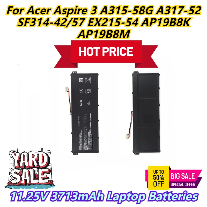 

11.25V 3713mAh Laptop Batteries For Acer Aspire 3 A315-58G A317-52 SF314-42/57 EX215-54 AP19B8K AP19B8M