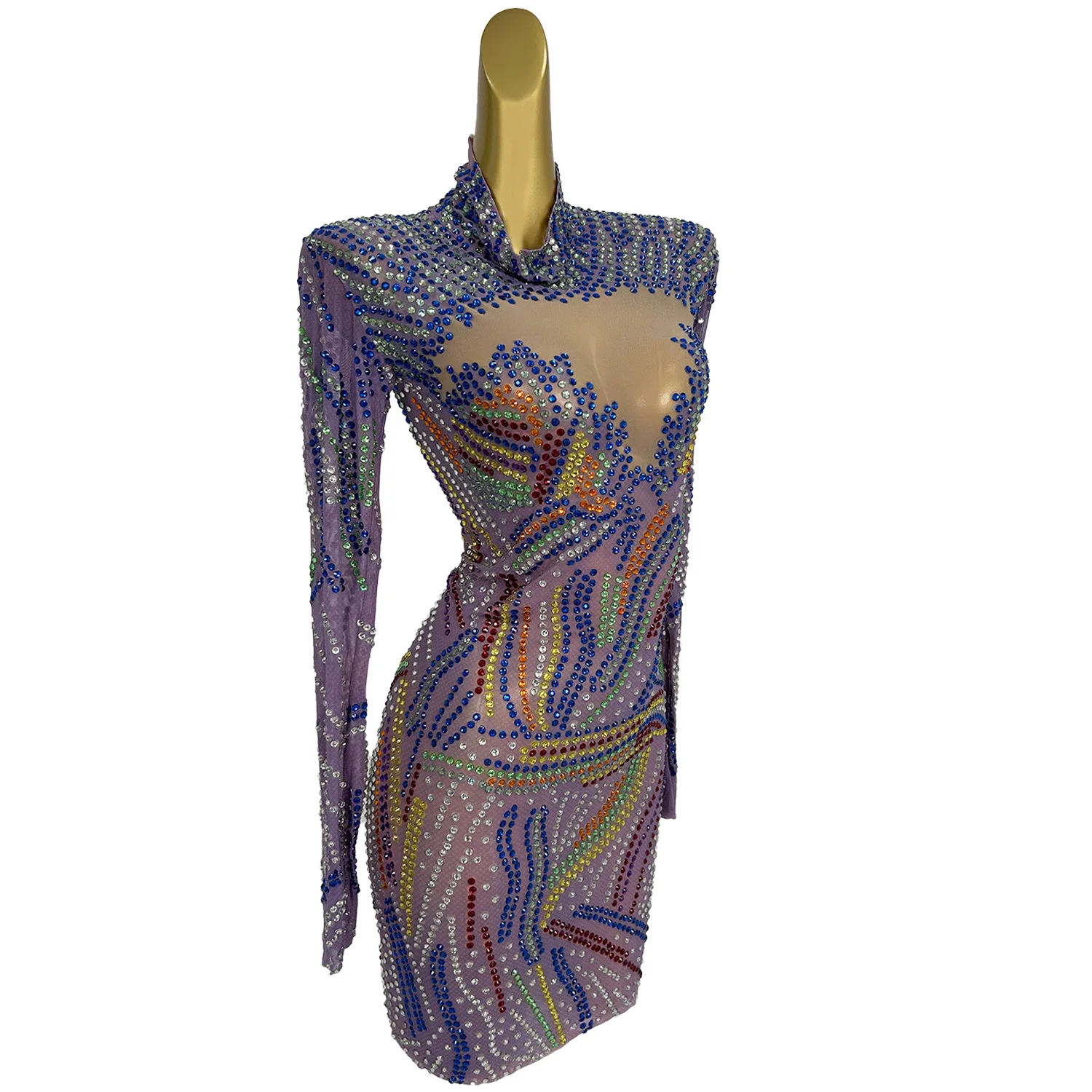 Women Couture High-end Sparkly Rhinestone Tight Fitting Mini Dress Club Birthday Prom Sexy See Through Mesh Short Dress Malanhui