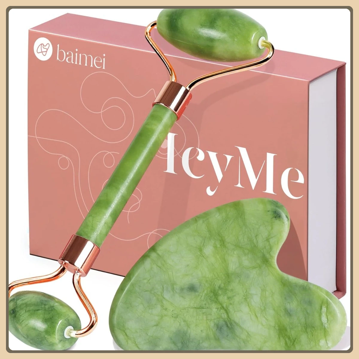 Conjunto de rolo verde Gua Sha e Jade, ferramentas faciais para cuidados com redução de vermelhidão e inchaço