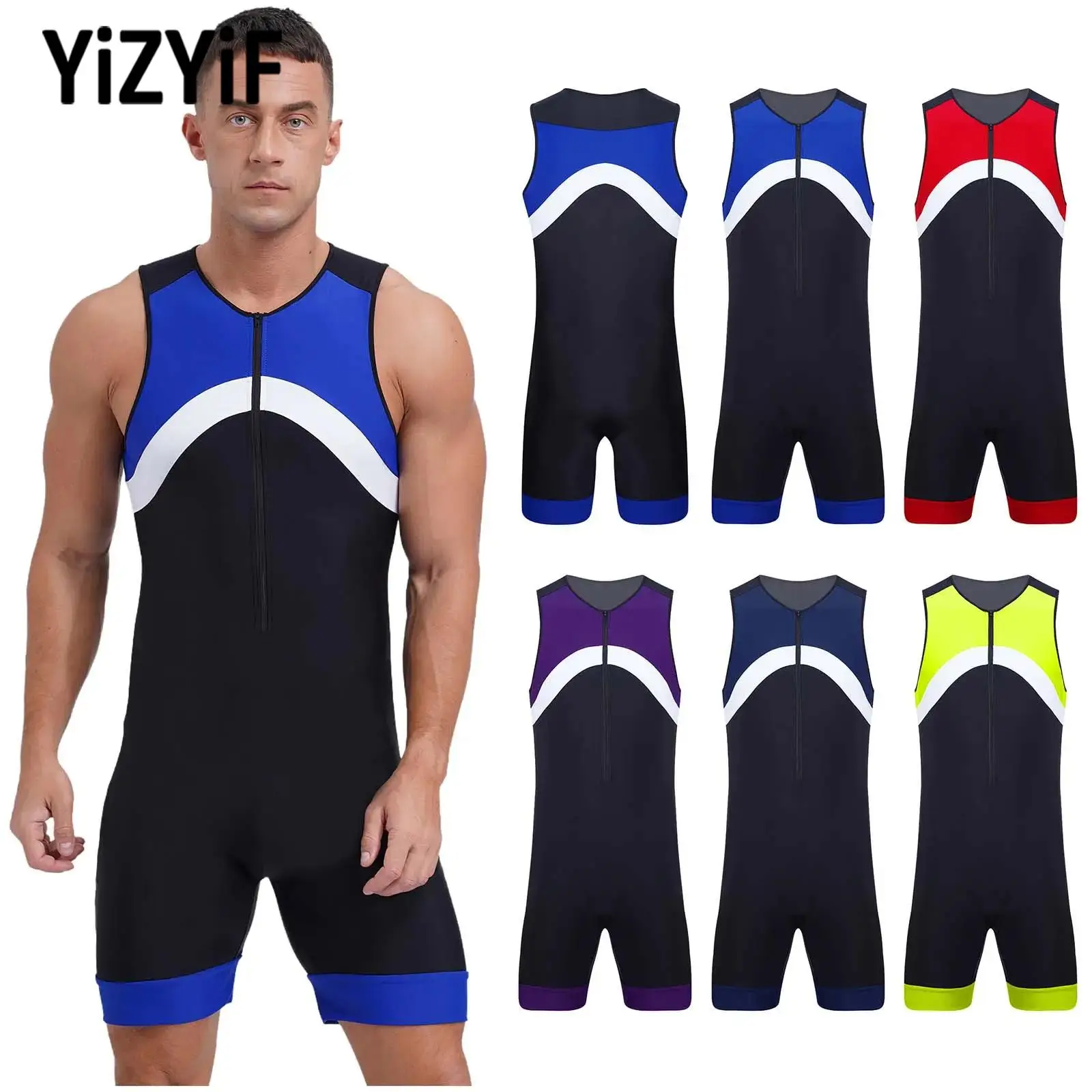 

Sleeveless One-Piece Swimwear for Mens Contrast Color Bodysuit Male New Workout Surfing Training Cycling Swimming Sport Jumpsuit