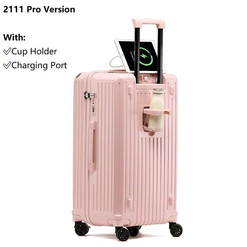 2024 New Large Capacity Cup Holder Luggage Suitcase USB Charging Women Girl Carry-On Boarding Luggage Travel 20/24/26/28 inch image 3