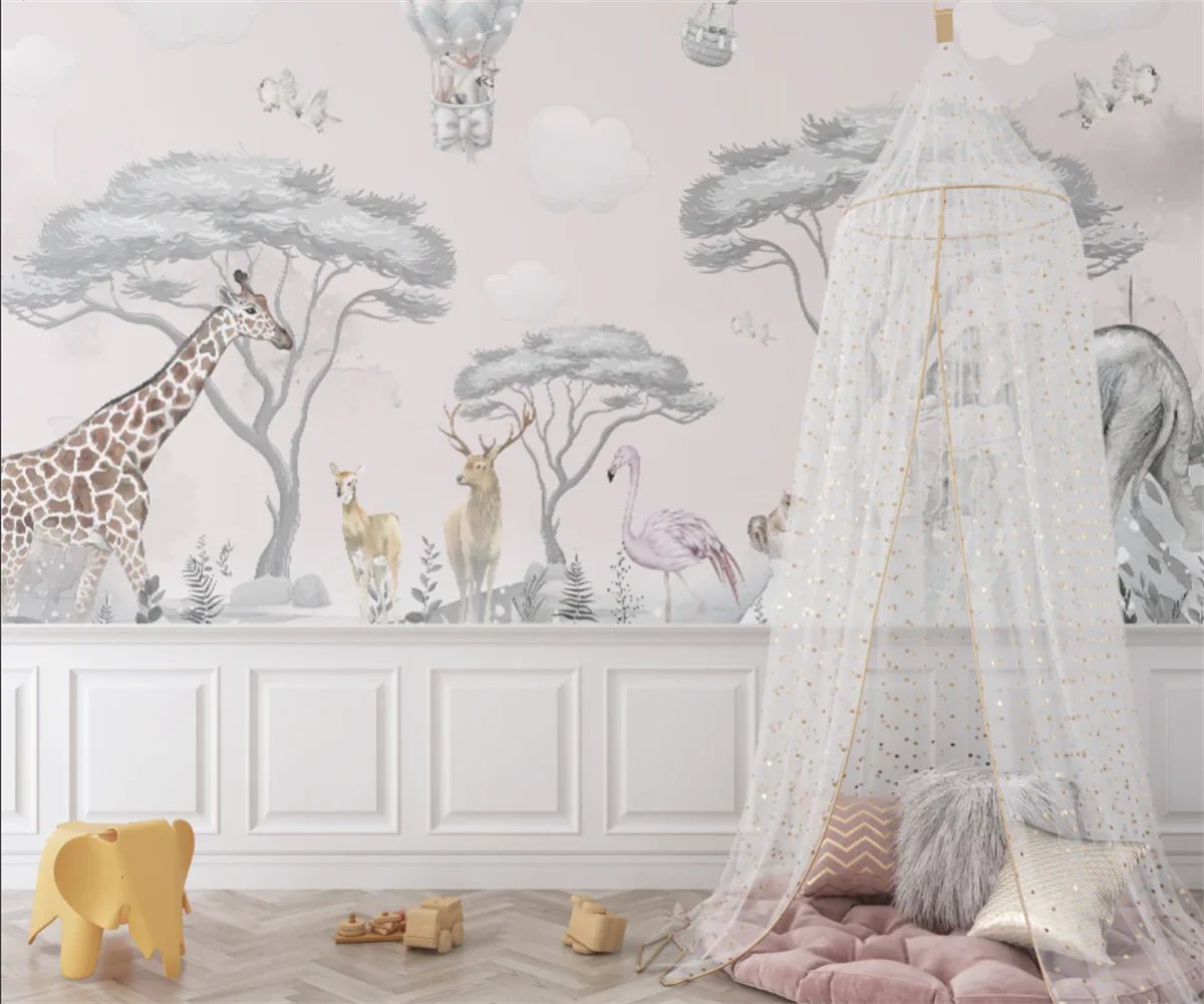 Custom Size 3D Mural Watercolor Cartoon Jungle Animal Elephant Giraffe Flamingo Wall Paper  Kids Baby Room Nursery Home Decor