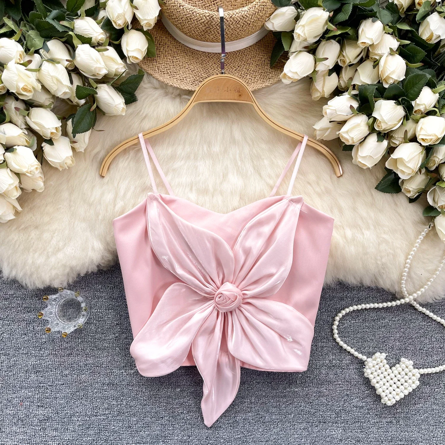 New Chic Vintage sleeveless sweet slim Three-dimensional Flower Tank Top Korean Fashion Summer Beach Women Crop Top