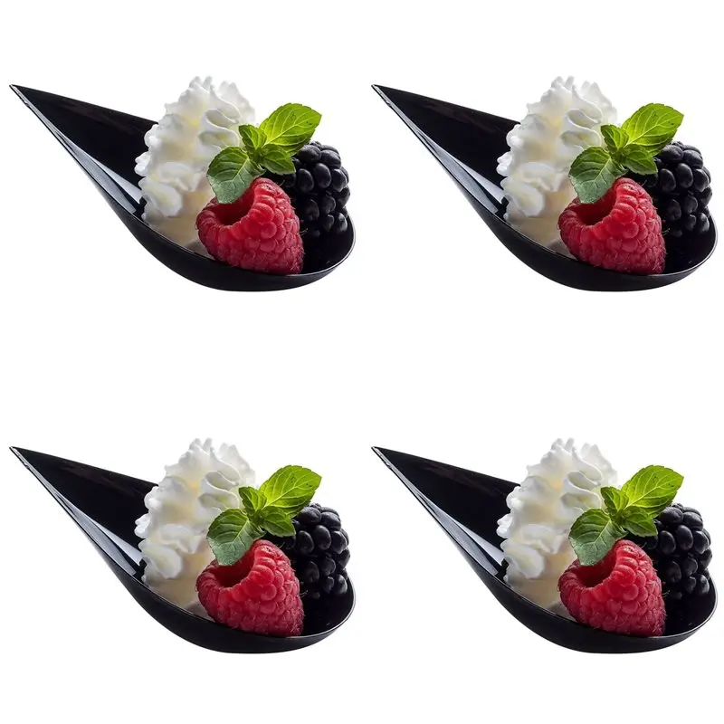 AT21-400 Tear Drop Mini Appetizer Plates - Mini Dessert Plates Tasting Spoons Plastic Mini Spoons Dessert Spoon Bowls, Black