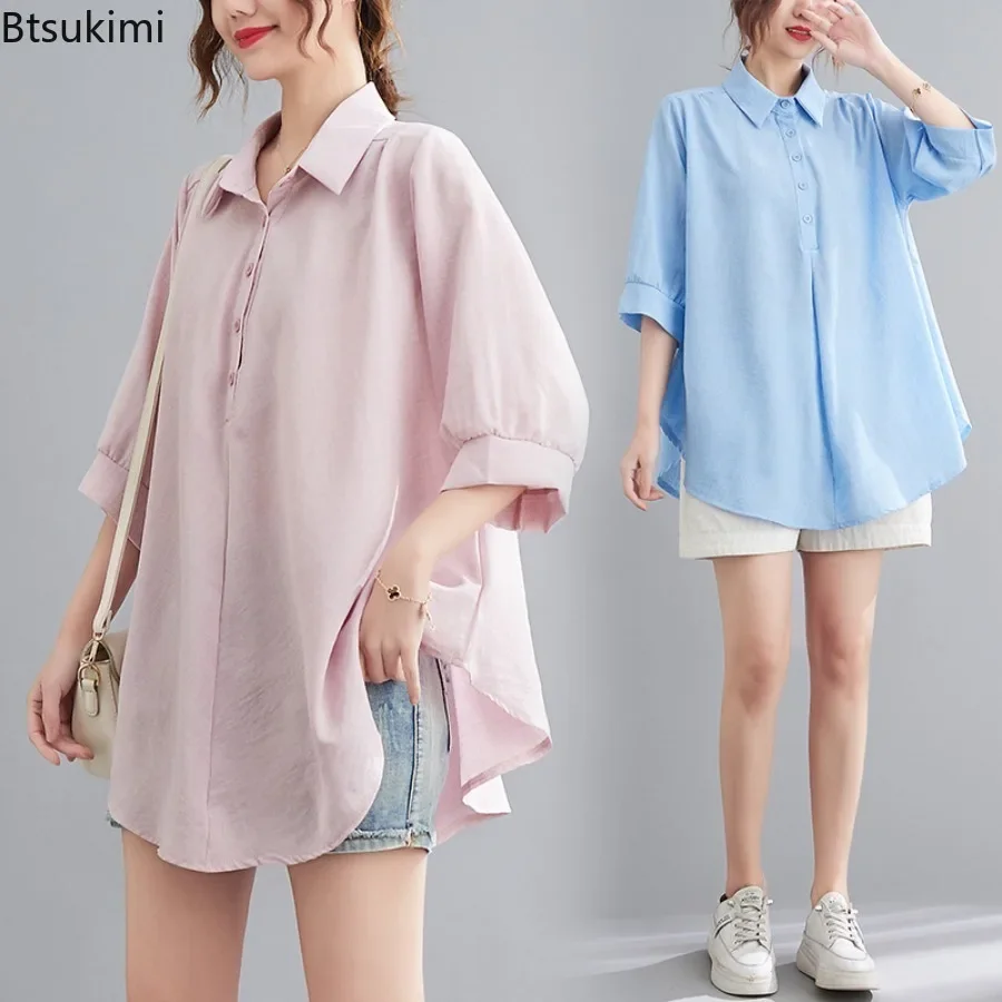 2024 Fashion New Women's 100% Linen Casual Shirts High Quality Loose 3/4 Sleeve Vintage Breathable Blouses Oversized Women Tops