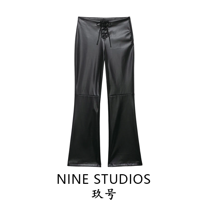 

Женские повседневные брюки из искусственной кожи с низкой талией, бантом и микро-клешем в европейском стиле