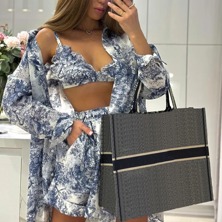 Women's Vintage Three-Piece Outfit Blouse And Short Skirt Set Ink Wash Print Stylish Ensemble for 2026