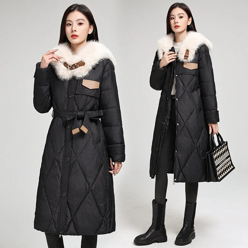 Oversize Women Parkas Coats Maxi Long Jacket Belted Solid Fur Collar Single Breasted Loose Office Lady Casual 2025 Autumn Winter