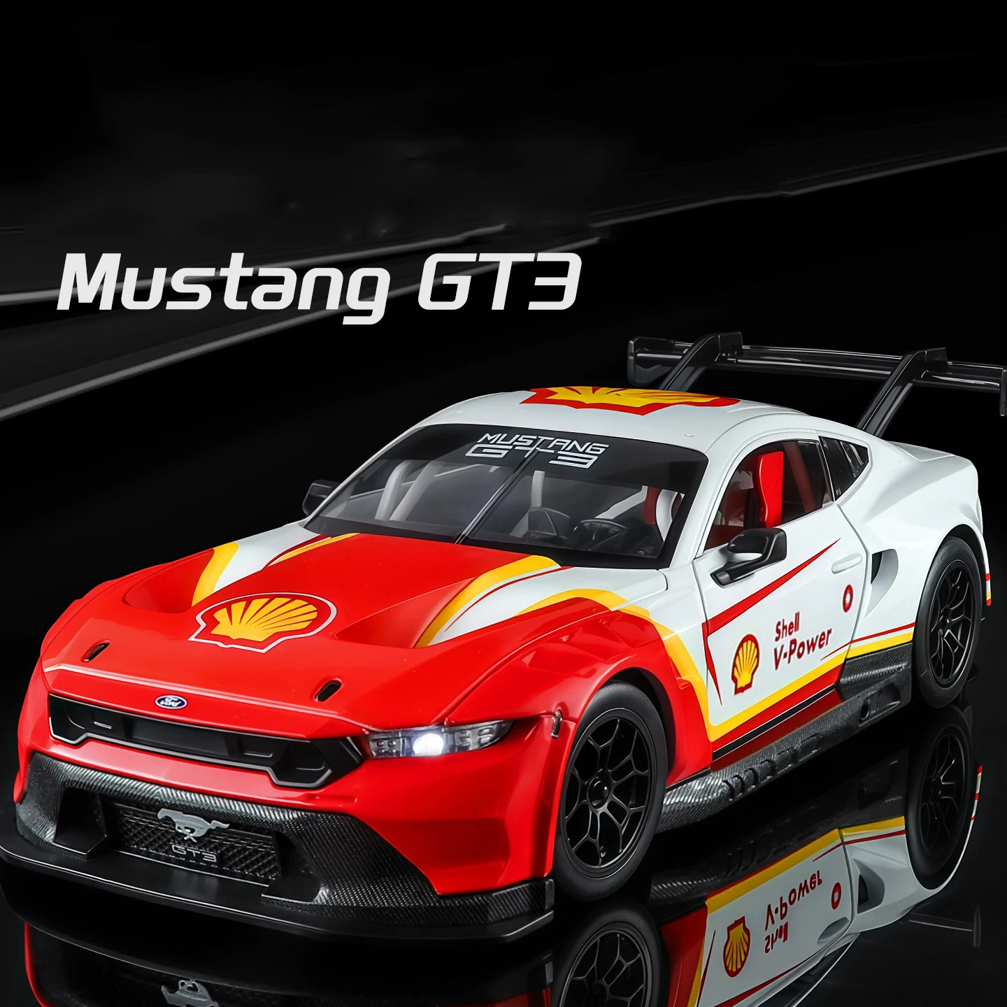 Nuevo modelo de coche de aleación Ford Mustang GT3 1:24, sonido y luz, juguete coleccionable para niños, regalo de cumpleaños