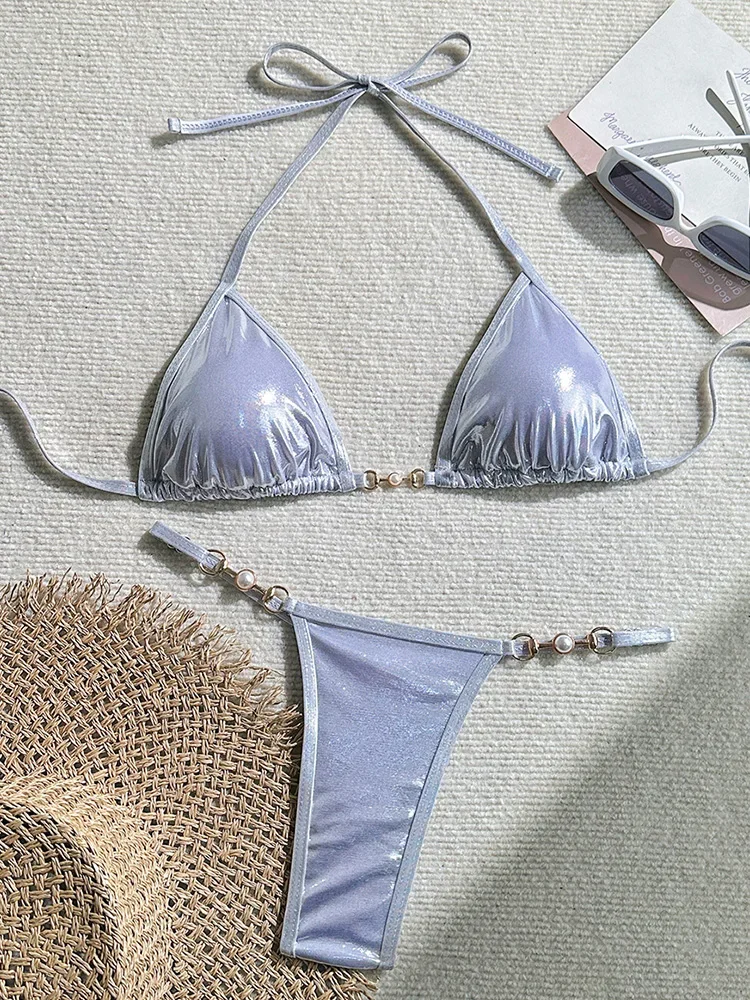 

Sexy High Waist Shiny Pink Bikinis 2 Piece Set Women Laced Up Split Swimsuit Beach Bikini 2025 New Summer Swimwear Bikinis Set