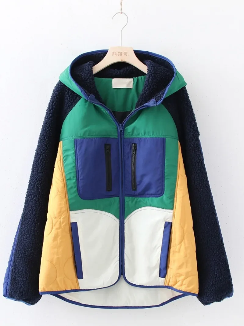 

Sweet Hot Girl Casual Patchwork Color Coat Women's Autumn/Winter Loose Hooded Thin Lamb Wool Cargo Coat Fashion Female Clothes