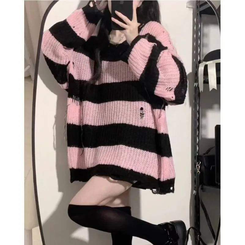 

PTKPCC Autumn and Winter New Style Hole-torn Sweater Korean Version of Striped Trend Loose Pullover Wears Lazy Long Sweater