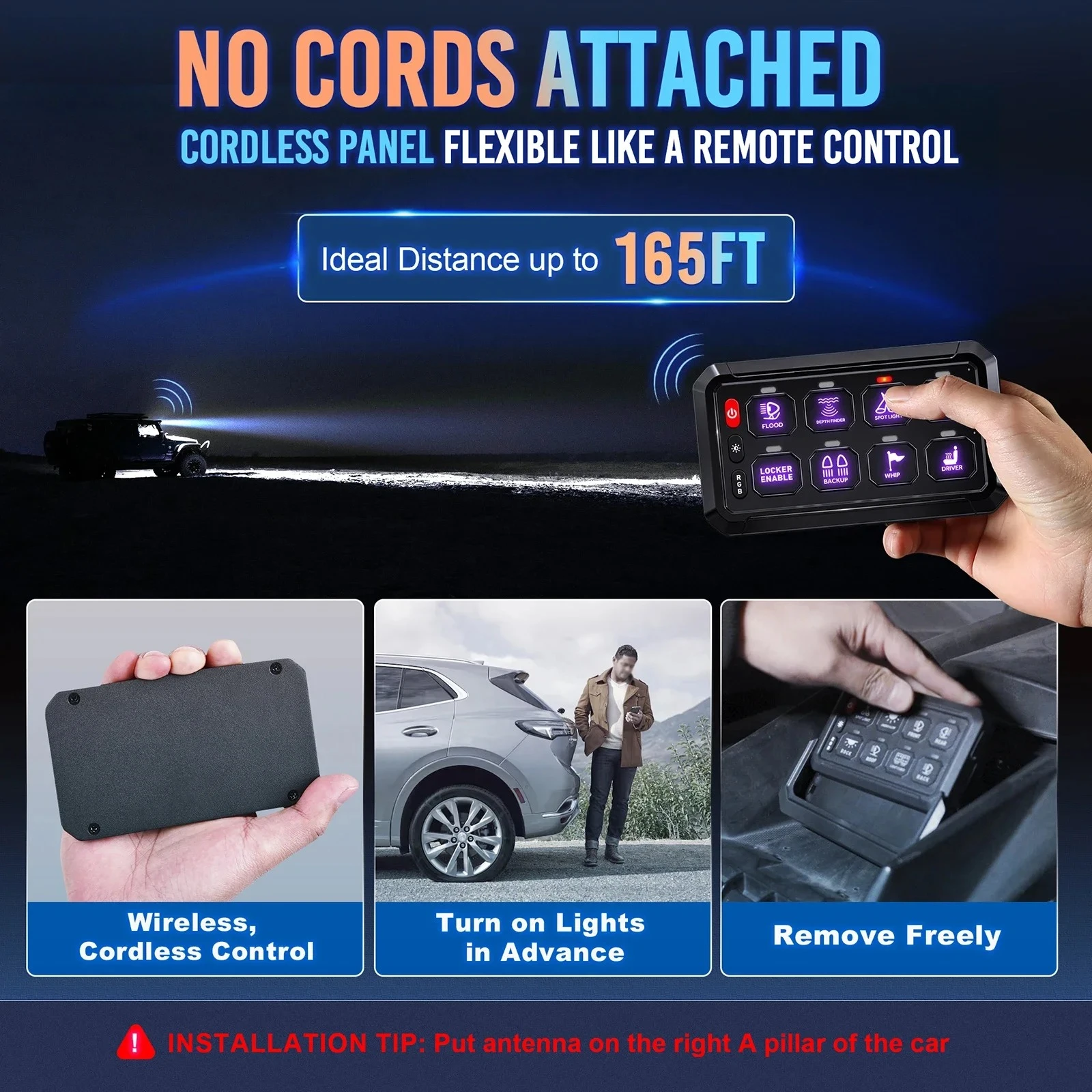 8/12 Gang Wireless RGB Switch Panel, Cordless Adjustable Color Brightness 12‑24V for Offroad Truck SUV UTV