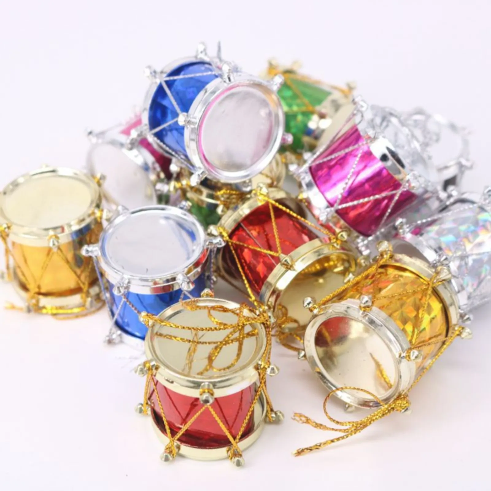 12 Pcs Colorful Glitter Mini Drum Christmas Tree Ornaments Wedding Party Decor Christmas Holiday Hanging Decoration Pendants