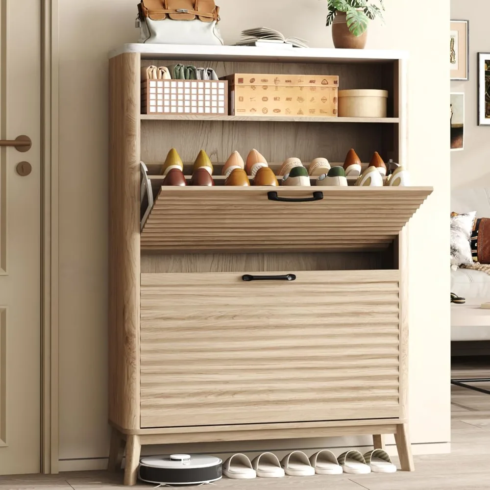 

31.5" Fluted Shoe Storage Cabinet, Freestanding Shoe Organizer with 2 Flip Drawers, Mid-Century Modern Hidden Shoe Rack for Ent