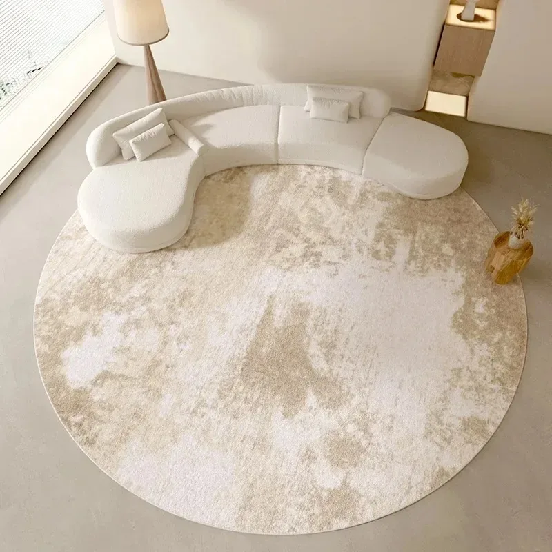 Beige Abstract Texture Round Rug Soft Flannel Modern Minimalist Carpet Neutral Tone Design, Living Room Bedroom Leisure Area
