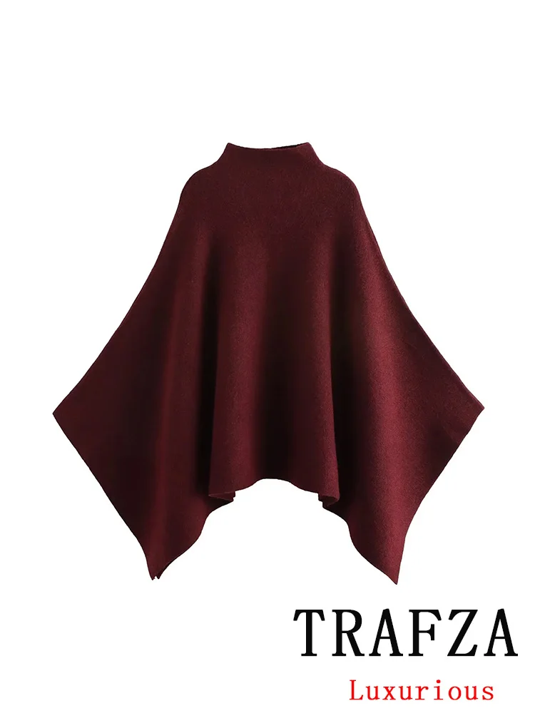 TRAFZA Vintage Casual Red Solid Women Coat O-Neck Pullover Asymmetric Loose Knitted Sweater New Fashion 2024 Autumn Winter Tops