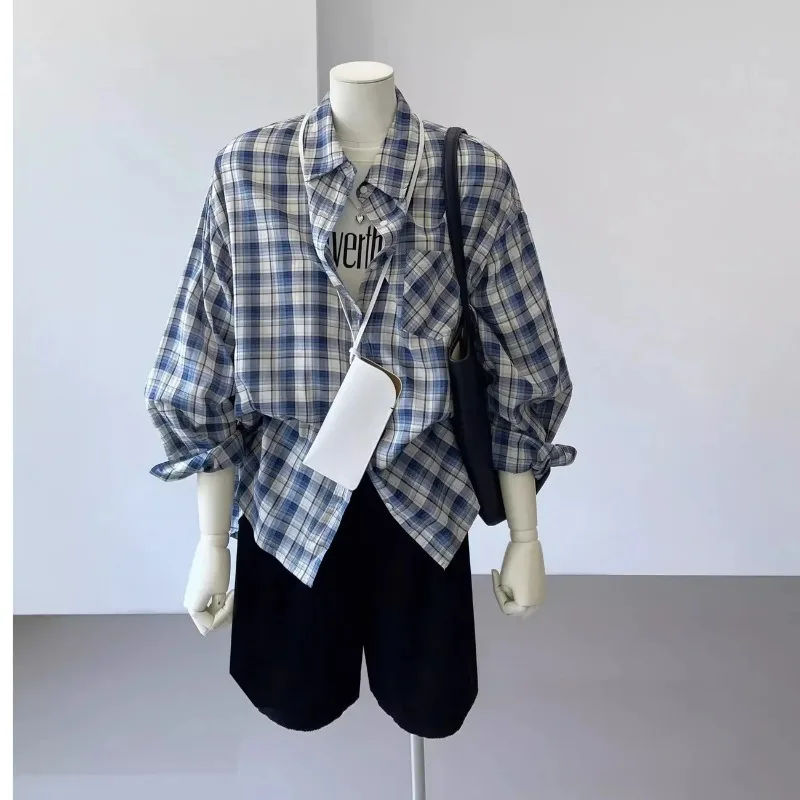 

Женская рубашка в клетку во французском стиле, свободного кроя, с защитой от солнца