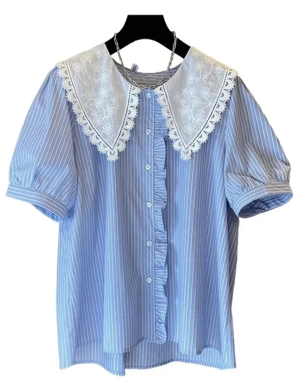 

Plus Size 5XL 150kg Summer Short Sleeve Stripped Shirt For Women Peter Pan Collar Oversized Blouses Floral Shirts Tops