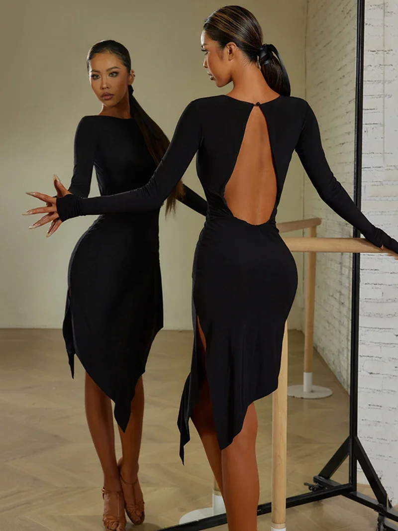 ชุดเดรสผ่าหลังแบบเปิดหลัง ดีไซน์หรูหราและสง่างาม สำหรับผู้หญิง ชุดฝึกซ้อมเต้นละติน ชุดเต้นบอลรูมสำหรับผู้ใหญ่ พร้อมชุดชั้นในในตัว